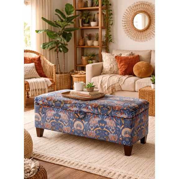 Storage Bench Stool in Sumatra Sapphire Fabric - living room setting