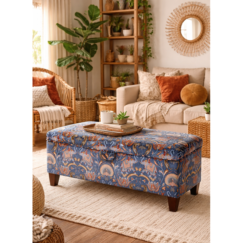 Storage Bench Stool in Sumatra Sapphire Fabric - living room setting
