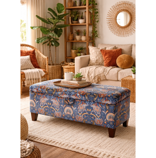 Storage Bench Stool in Sumatra Sapphire Fabric - living room setting