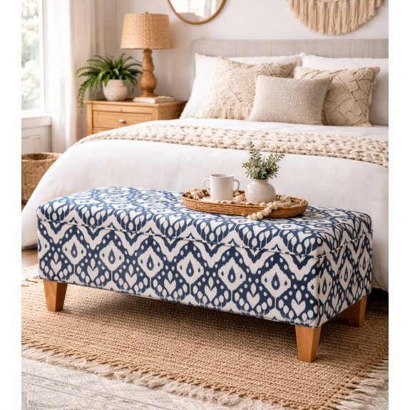 Clearance Storage Bench Stool in Marrakech Ink Fabric living room setting