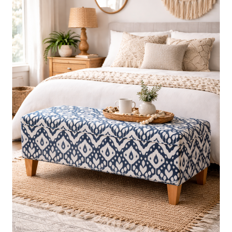 Clearance Storage Bench Stool in Marrakech Ink Fabric living room setting