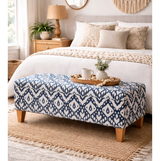 Clearance Storage Bench Stool in Marrakech Ink Fabric living room setting