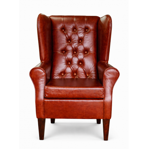 Buttoned Large High Back Chair and Matching Footstool in Highland Nut Brown Genuine Leather