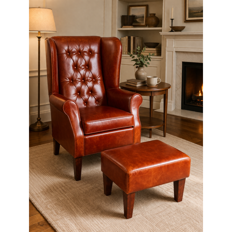 Buttoned Large High Back Chair and Matching Footstool in Highland Nut Brown Genuine Leather