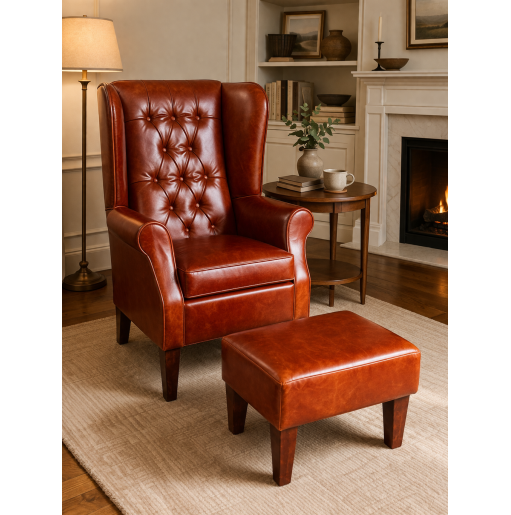 Buttoned Large High Back Chair and Matching Footstool in Highland Nut Brown Genuine Leather