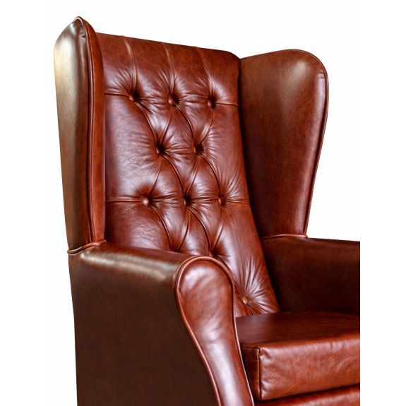 Buttoned Large High Back Chair and Matching Footstool in Highland Nut Brown Genuine Leather
