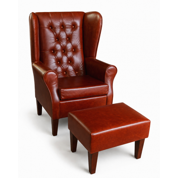 Buttoned Large High Back Chair and Matching Footstool in Highland Nut Brown Genuine Leather