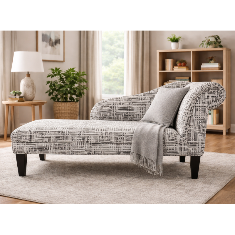 LUXE 52" Medium Chaise Longue in Venezia Black Geometric Maze Fabric