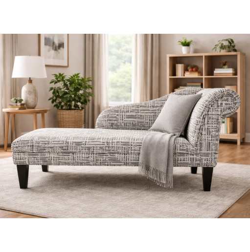 LUXE 52" Medium Chaise Longue in Venezia Black Geometric Maze Fabric