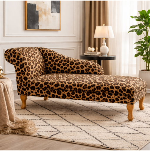 60" Large Chaise Longue in a Leopard Print Faux Fur Velboa Fabric