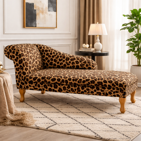 60" Large Chaise Longue in a Leopard Print Faux Fur Velboa Fabric