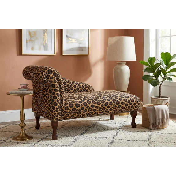 41" Mini Chaise Longue in a Leopard Print Velboa Faux Fur Fabric with Studding
