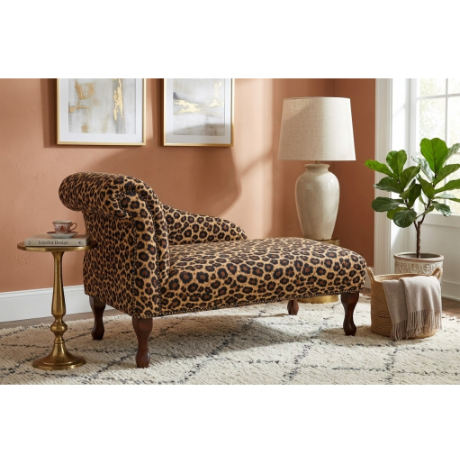 41" Mini Chaise Longue in a Leopard Print Velboa Faux Fur Fabric with Studding