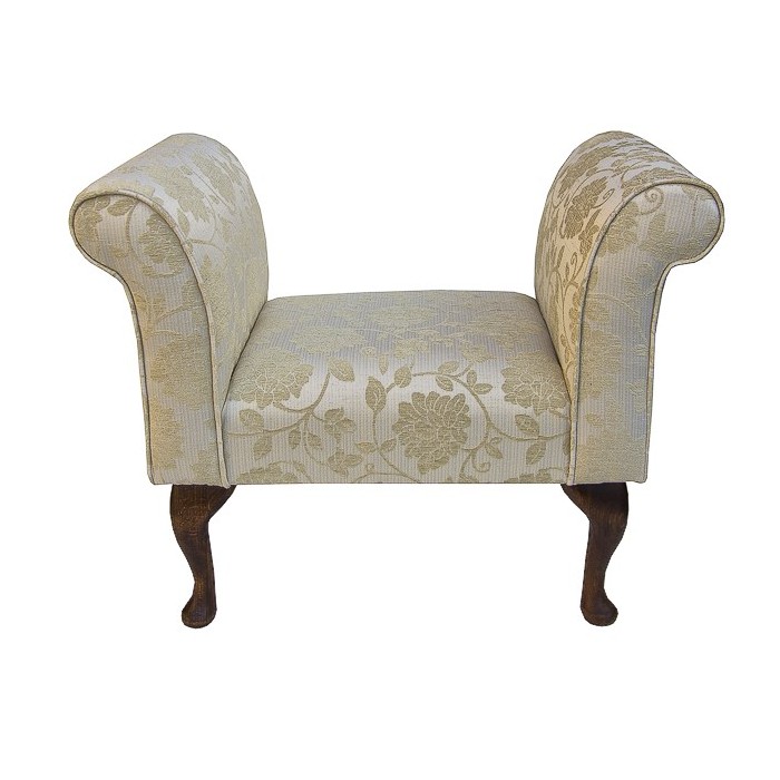 Compact Settle in a Floral Gold Chenille Fabric with Dark Queen Anne Hardwood Legs - 17070