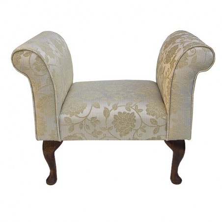Compact Settle in a Floral Gold Chenille Fabric with Dark Queen Anne Hardwood Legs - 17070