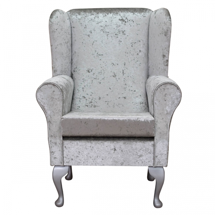 Wingback Chair in a Shimmer Silver Crushed Velvet Fabric | Beaumont