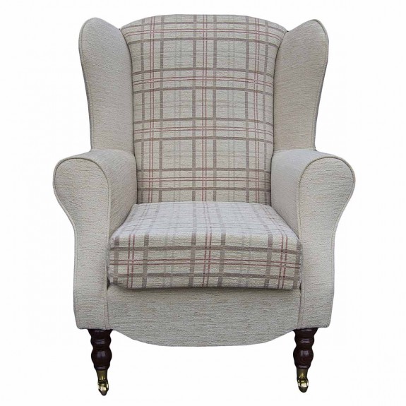 Duchess Wingback Armchair in a Maida Vale Light Beige & Red Check Fabric
