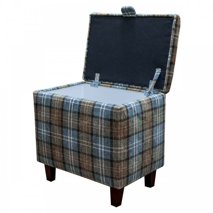 Tall Storage Footstool Box in a Lana Blue Tartan Fabric | Beaumont