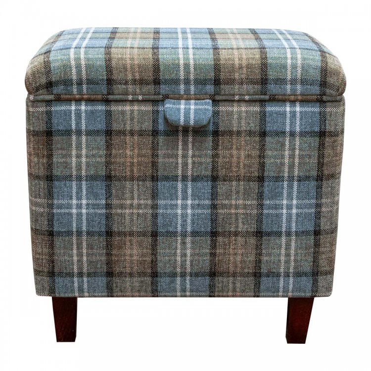 Tall Storage Footstool Box in a Lana Blue Tartan Fabric | Beaumont