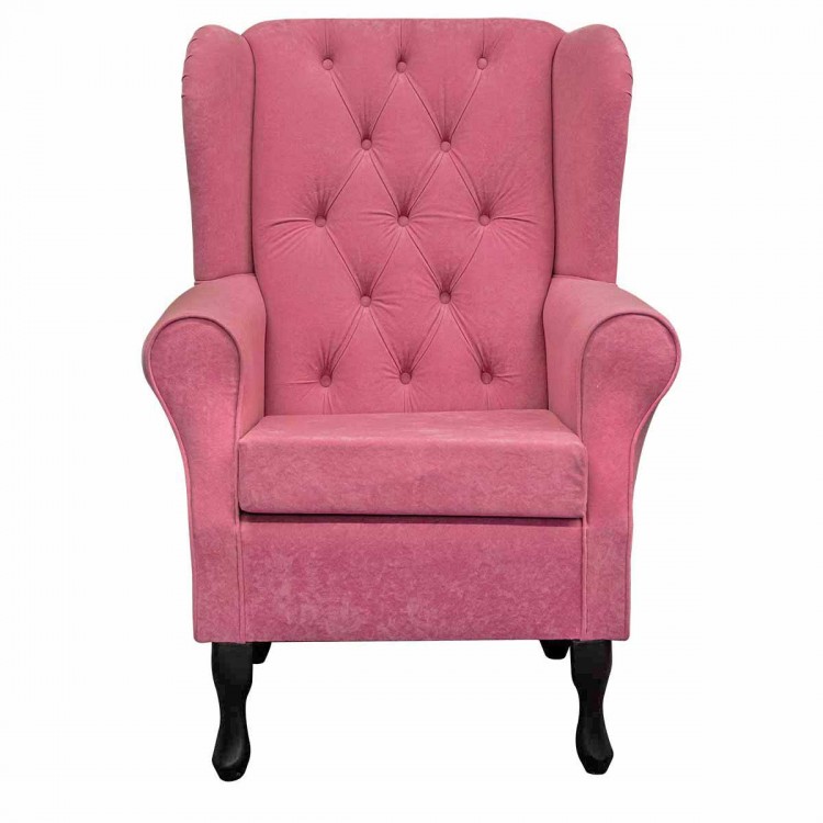 Buttoned Wingback Chair in a Plush Flamingo Pink Fabric | Beaumont