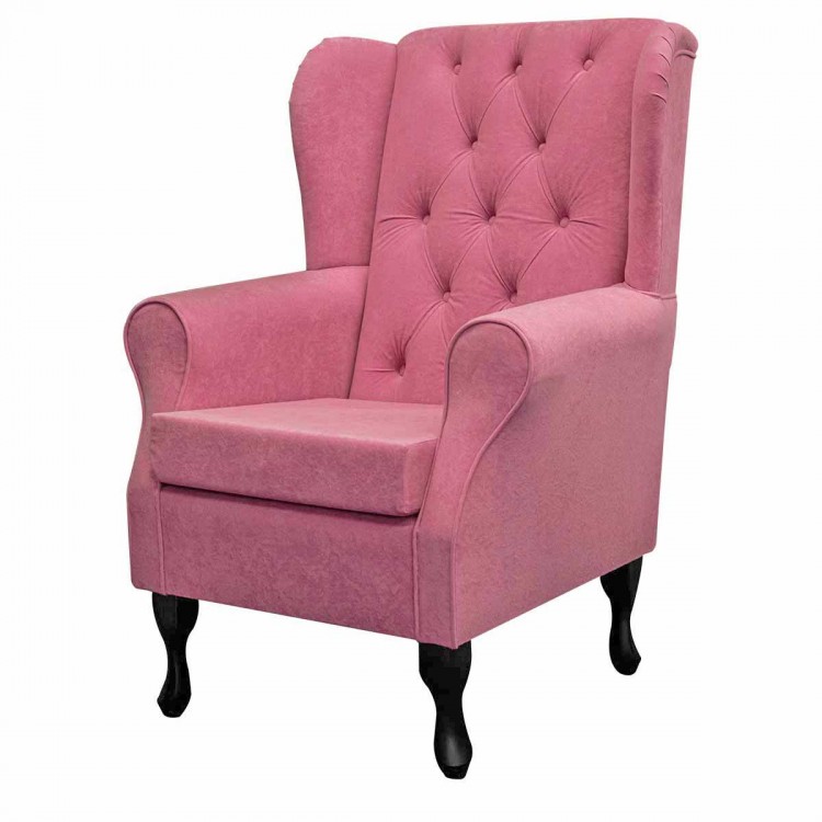 Buttoned Wingback Chair in a Plush Flamingo Pink Fabric | Beaumont