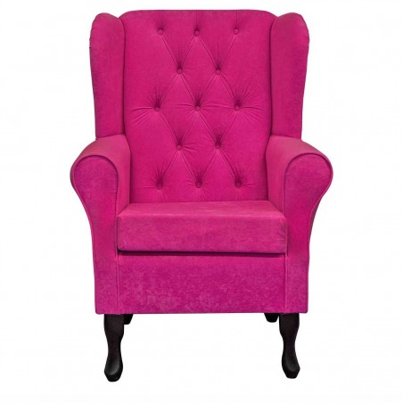 Buttoned Wingback Chair in a Plush Fuchsia Pink Fabric | Beaumont