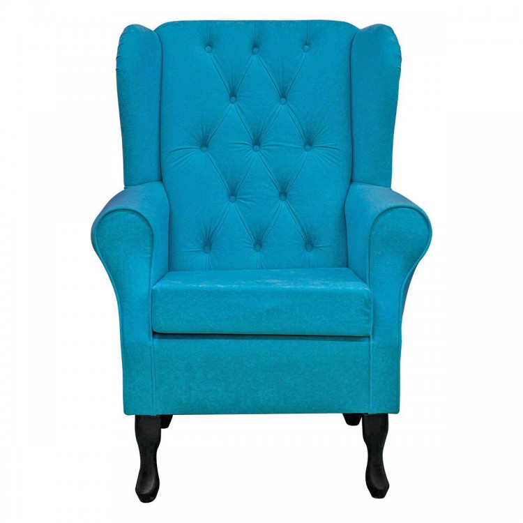 Buttoned Wingback Chair in a Plush Light Blue Fabric | Beaumont