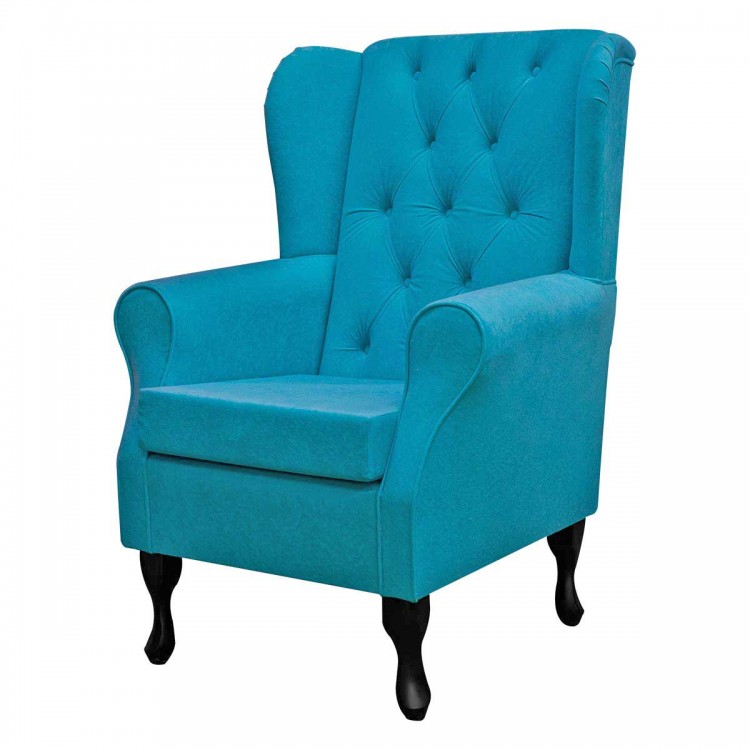 Buttoned Wingback Chair in a Plush Light Blue Fabric | Beaumont