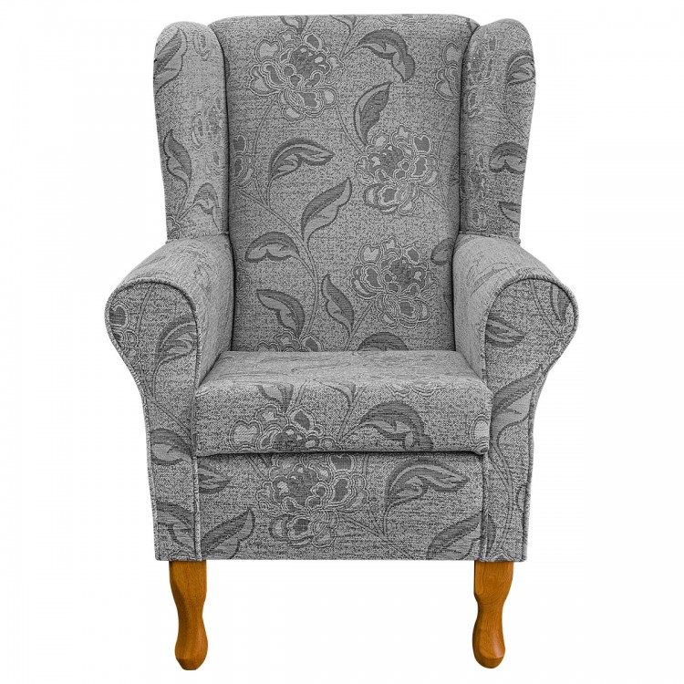 grey wingback chair in floral fabric