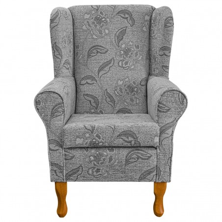 grey wingback chair in floral fabric