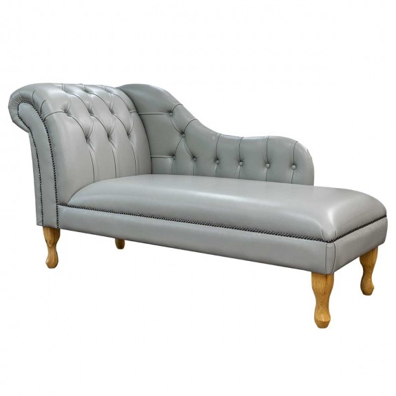 Buttoned Medal Crystal Grey Genuine Leather Chaise Longue | Beaumont