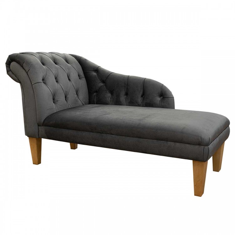 Buttoned Chaise Longue in Monaco Grey Supersoft Velvet Fabric | Beaumont