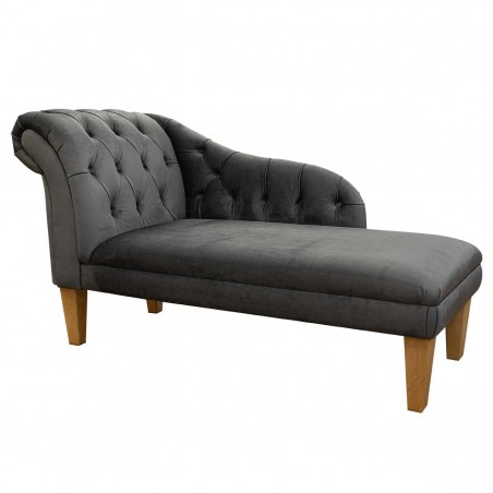 Buttoned Chaise Longue in Monaco Grey Supersoft Velvet Fabric | Beaumont