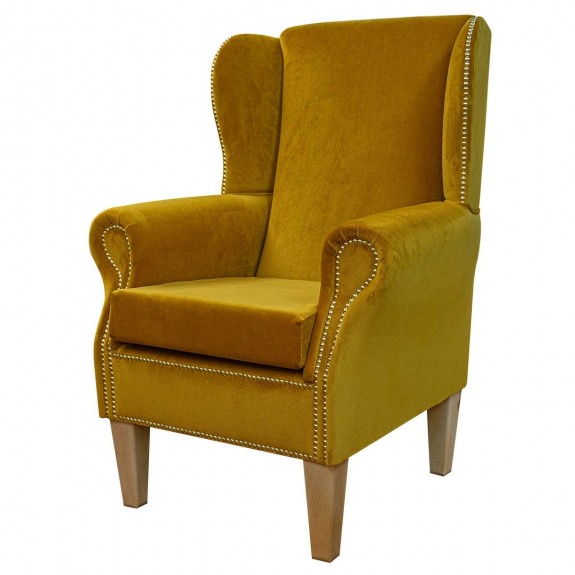 Standard Wingback Fireside Westoe Chair in a Malta Gold Deluxe Velvet Fabric with Full Stud Detail