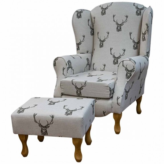 Duchess Wingback Fireside Armchair & Stool in a Stag Cotton Fabric | Beaumont