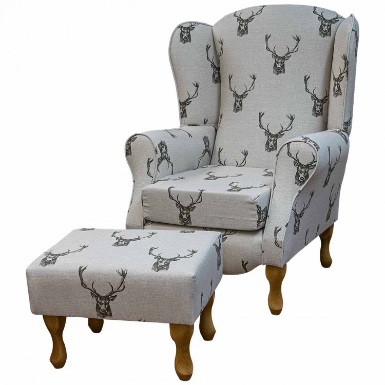 Duchess Wingback Fireside Armchair & Stool in a Stag Cotton Fabric | Beaumont