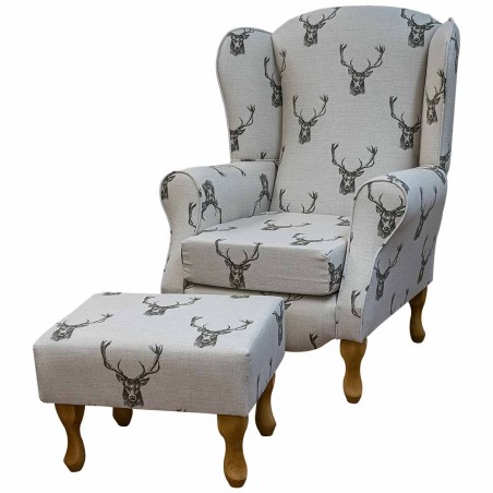 Duchess Wingback Fireside Armchair & Stool in a Stag Cotton Fabric | Beaumont
