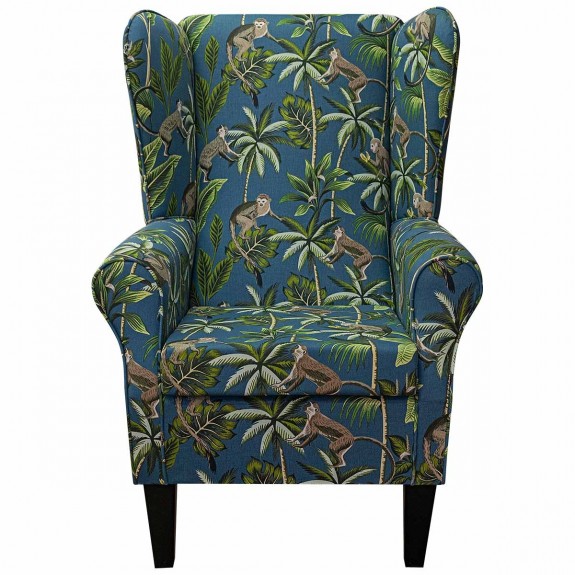 Large High Back Chair in a Monkey Teal 100% Cotton Print Fabric