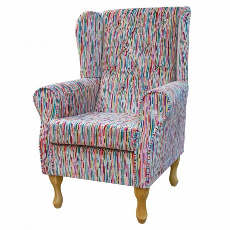 Wingback Chair in Extravaganza Stripe Rainbow Fabric EXT2542 | Beaumont
